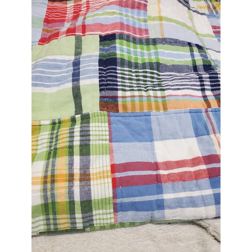 Pottery Barn Kids Blue White Multicolored Madras Plaid Twin Quilt Kidcore Retro